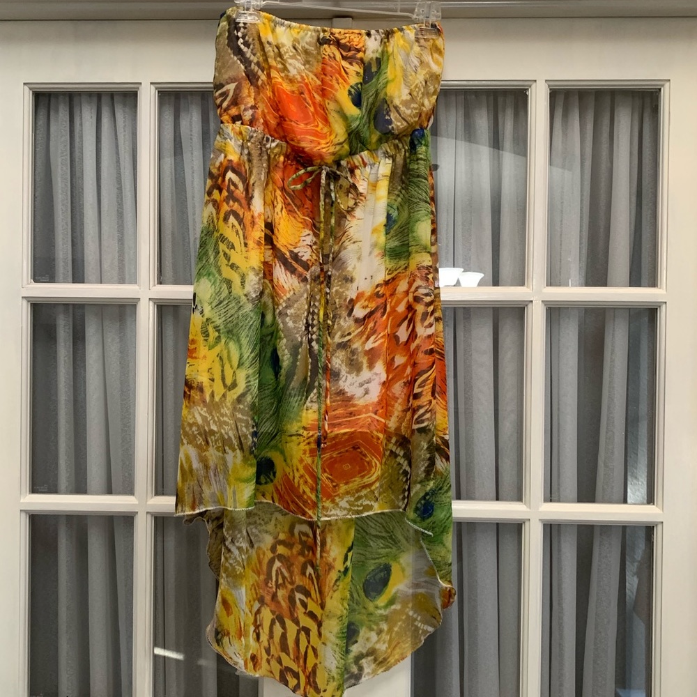 Just Love orange & green strapless peacock feather print hi-lo sundress Size M